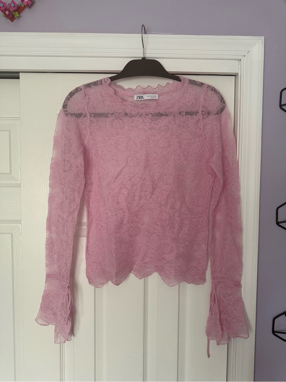 Zara Light Pink Floral Lace Long-Sleeve Top